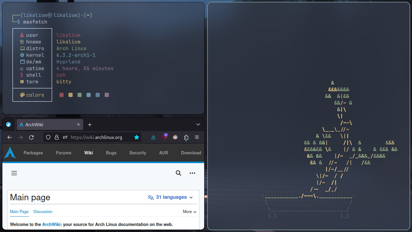 A screenshot of likalium's computer, who shows how the Hyprland configuration he made render windows