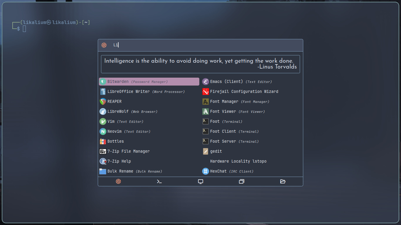 A screenshot of likalium's computer, who shows how looks Rofi with his theme